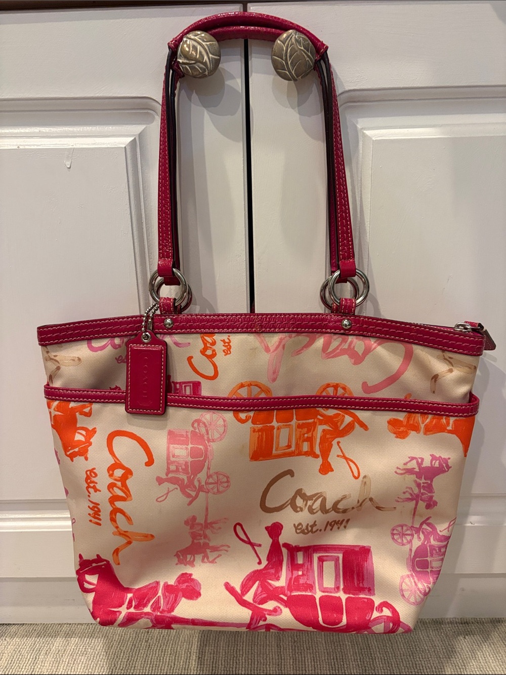 Coach Cream, Pink and Orange Logo Shoulder handbag.